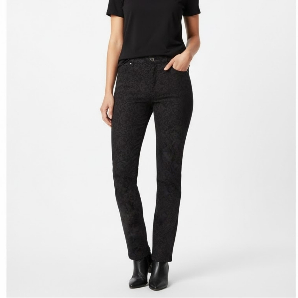 Simon Chang Denim Slim Straight Trouser Pants Stretch Black Jacquard Size 8